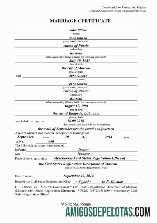 Certidão de Casamento do Escritório de Registro do Estado Civil da Rússia exemplo real